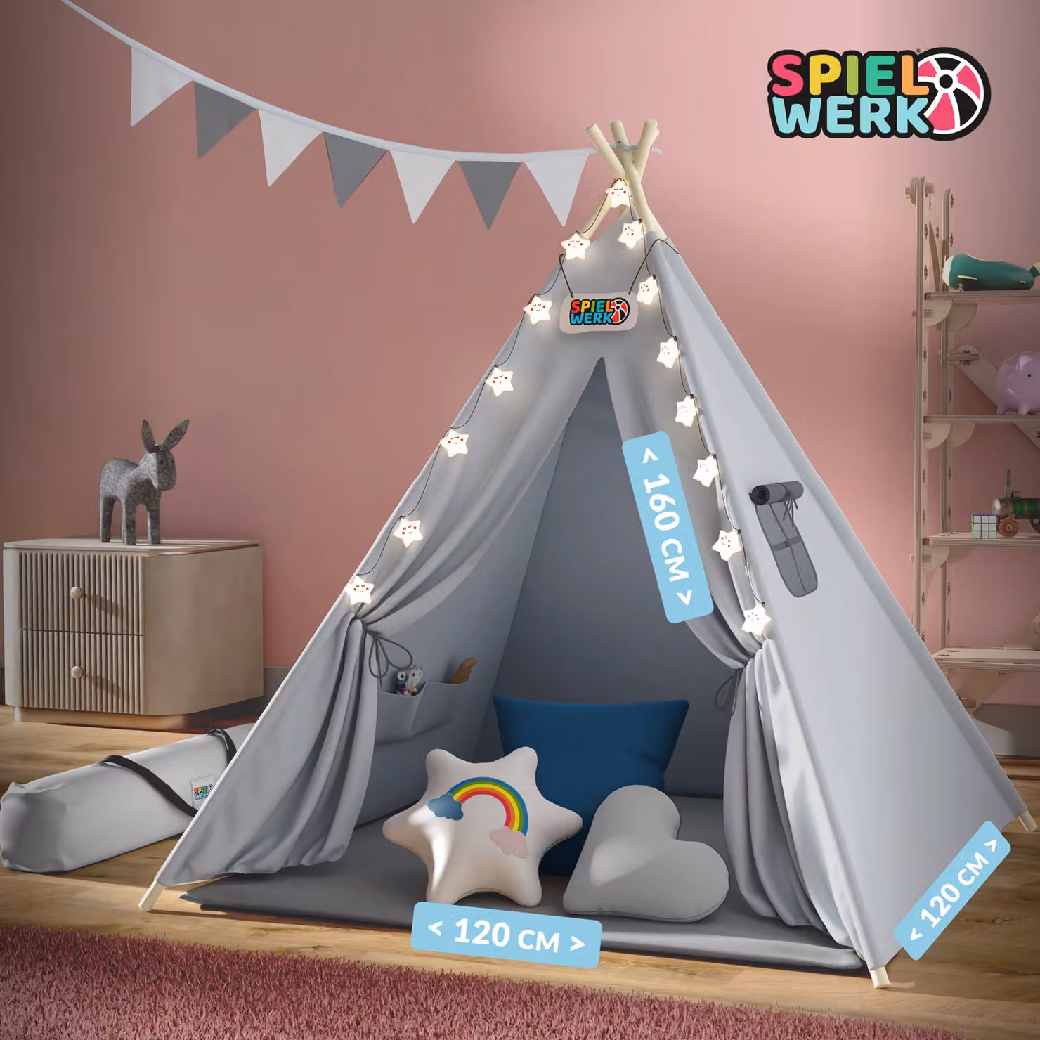 Tenda teepee per bambini Spielwerk grigio L: 160 cm, P: 130 cm, H: 130 cm – 2