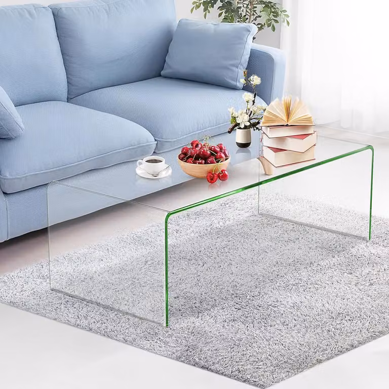 Tavolino trasparente in vetro temperato, tavolo rettangolare con angoli arrotondati e bordi lisci per il soggiorno, tavolino moderno, stile minimalista