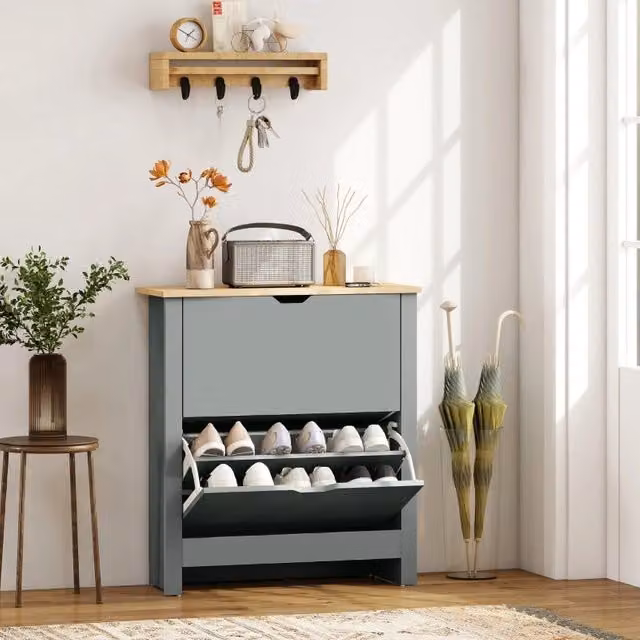 Scarpiera moderna WISHDOR con ante ribaltabili e ripiani interni, grigio opaco, L: 80 cm, H: 72 cm, P: 26 cm