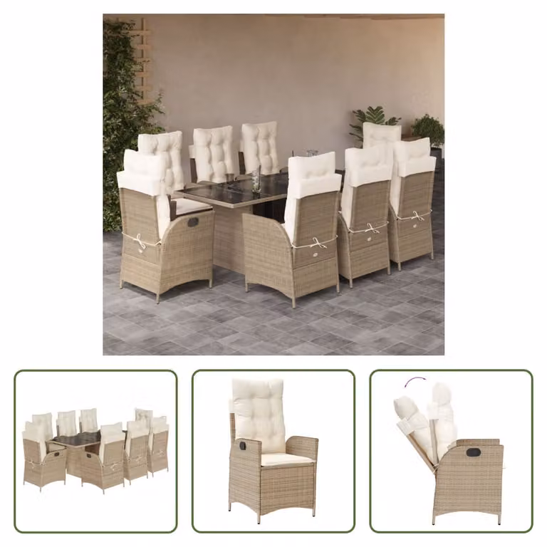 The Living Store Set da pranzo da giardino 9 pezzi con cuscini Beige poly rattan