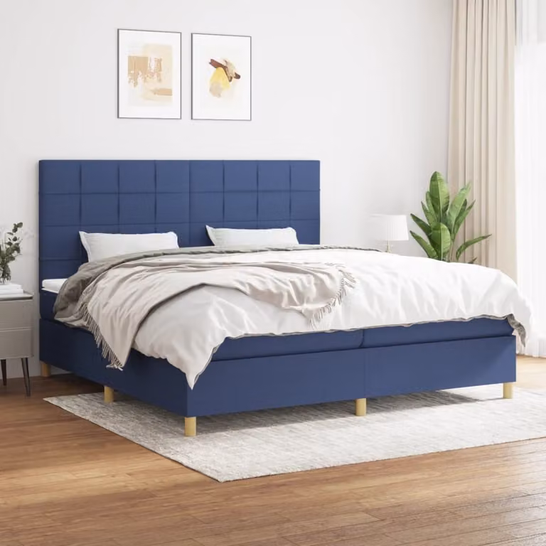 The Living Store Letto a molle con materasso blu 200x200 cm in tessuto