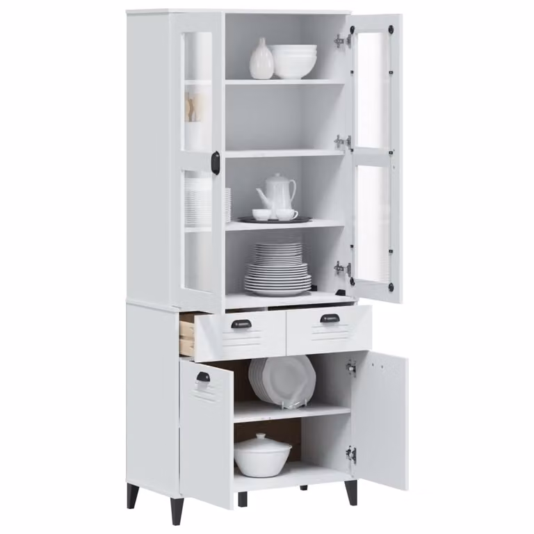 Credenza vidaXL VIKEN in legno massello di pino bianca con ante in vetro e cassetti, L/P/H: 80 x 40 x 190 cm