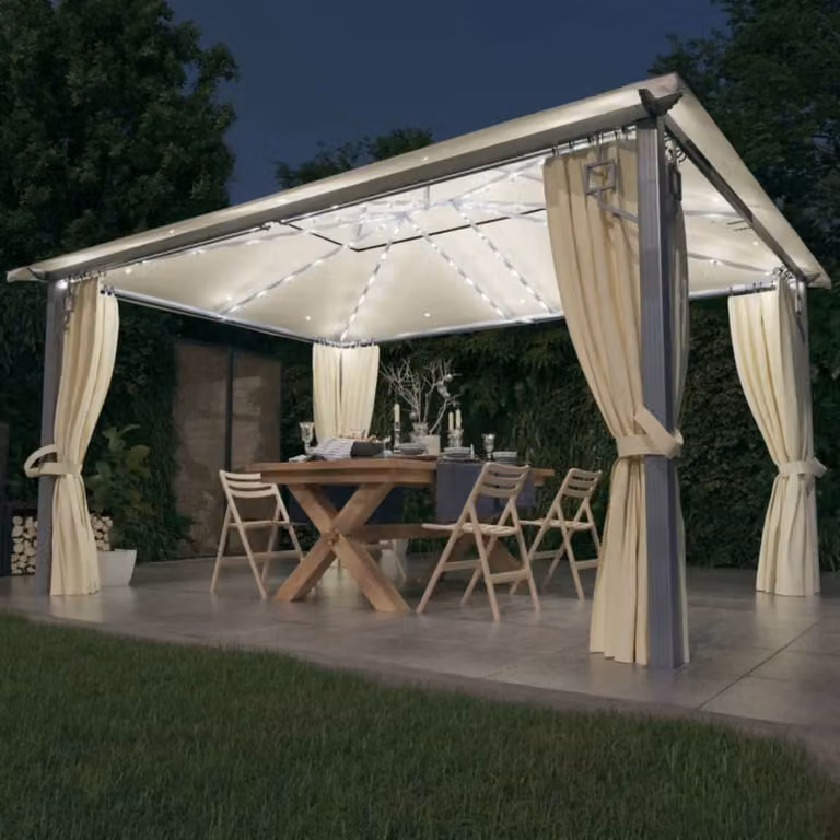 The Living Store gazebo con tende e luci LED 400x300 cm alluminio crema