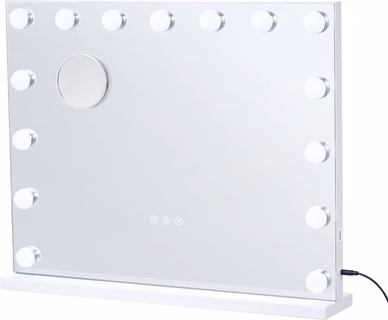 SucceBuy Specchio di vanità Hollywood con illuminazione - 22,8 x 18,1 pollici, bianco. 15 lampadine dimmerabili, 3 modalità di colore. Ingrandimento 5x rimovibile. Connessione USB. Controllo touch intelligente.
