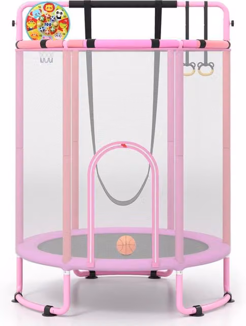 Trampolino per bambini 6in1 con rete prot. 60" rialzato, Trampolino sbarra/altalena/anelli/canestro/bersaglio int/ext3+ Rosa