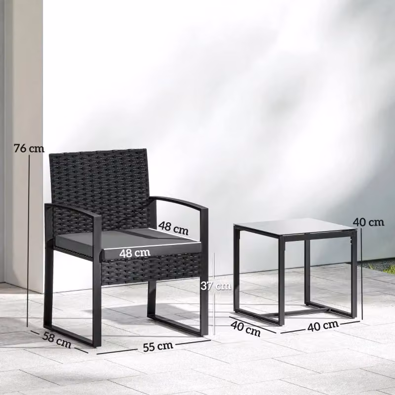 Set bistrot da giardino WISHDOR in rattan e metallo composto da 2 poltrone e tavolino con piano in vetro, colore grigio, L/P/H: 120 x 40 x 40 cm – 2