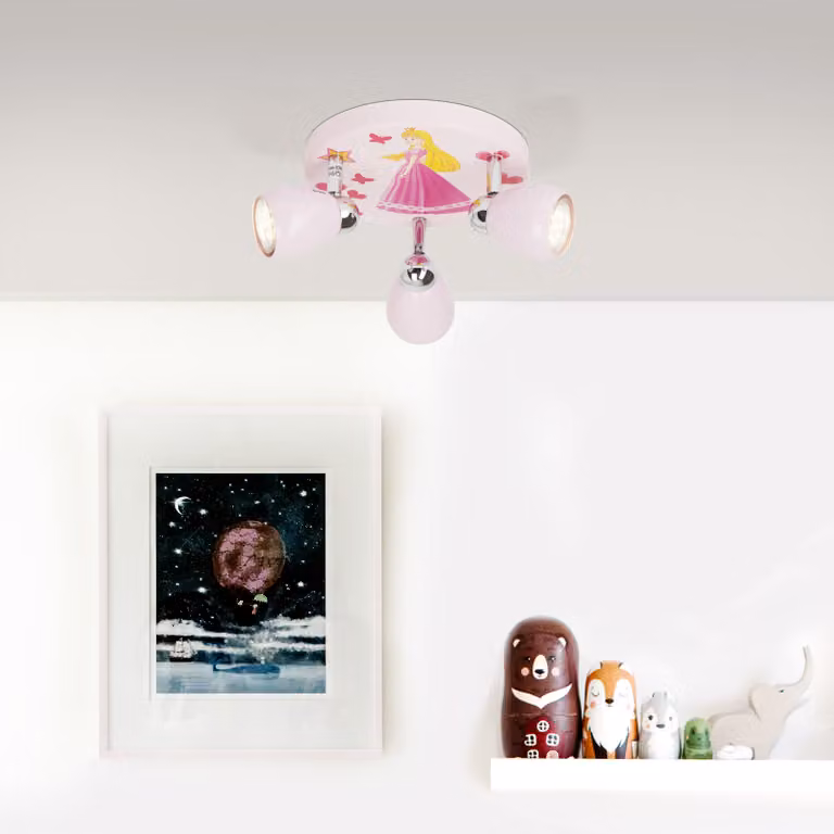 BRILLANTE faretto da soffitto a LED con design da principessa | con luce bianca calda | faretto a 3 lampadine per la stanza dei bambini | con teste orientabili | rosa | plafoniera con lampadine sostituibili 3x GU10 max. 3 W