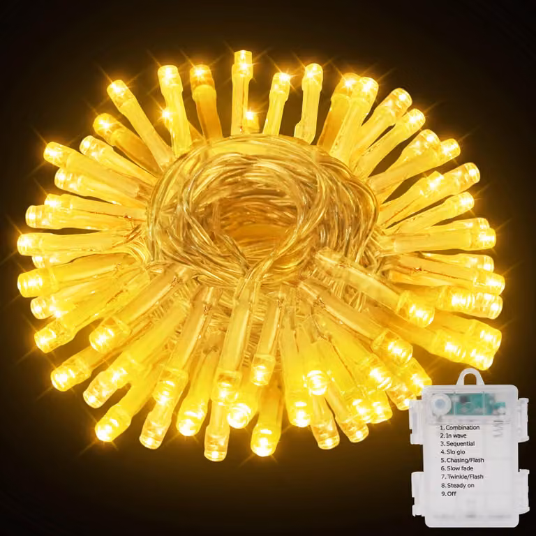 Catena luminosa a LED, 50 LED a luce bianco caldo, alimentata a batteria, grado di protezione IP44