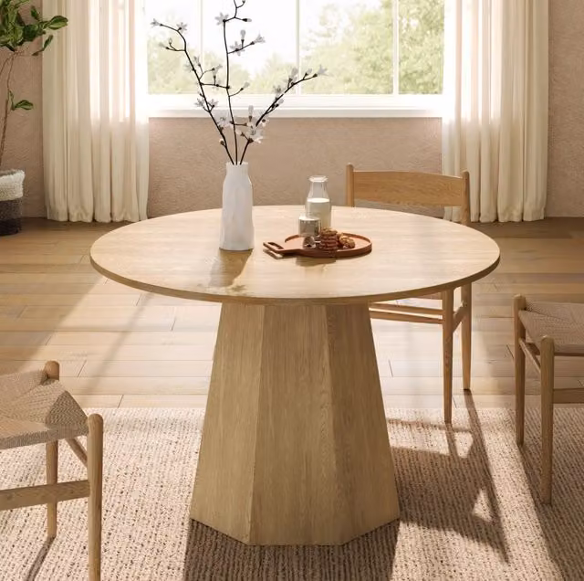 Tavolo da pranzo rotondo 120x120 cm in MDF effetto quercia, stile scandinavo minimalista, per 4-6 persone
