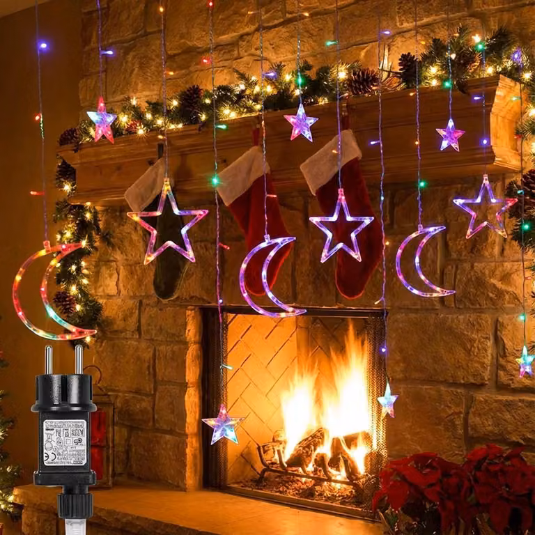 3M Stella Luna Fata Luci Tenda Colorata Fata Luci Tenda 124 LED Stella Tenda 8 Modi Luci di Natale Festa di Natale Finestra Decorazione Interna Luce