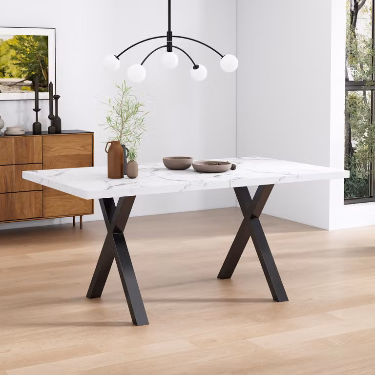 Tavolo da pranzo Flieks con gamba a forma di X-A, tavolo da cucina rettangolare tavoli da sala da pranzo con gambe in metallo, tavolo da ufficio, 140x80x76cm, bianco