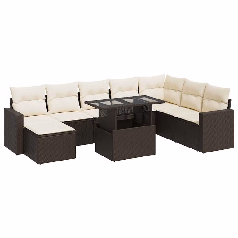 Set Divani da Giardino 9pz con Cuscini Marrone in Polyrattan