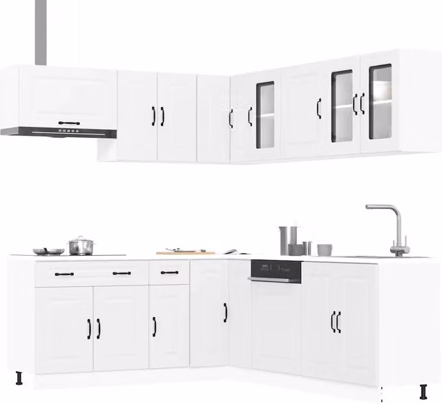Set di mobili da cucina moderno vidaXL in legno e vetro bianco con ante a battente e scaffali interni