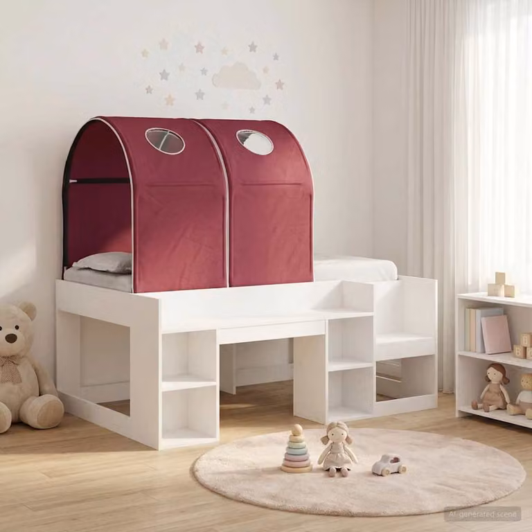 Letto per bambini con tunnel vidaXL in legno ingegnerizzato, 3 pezzi, Bianco e Rosso, L: 120,0 cm, P: 163,0 cm, H: 108,5 cm