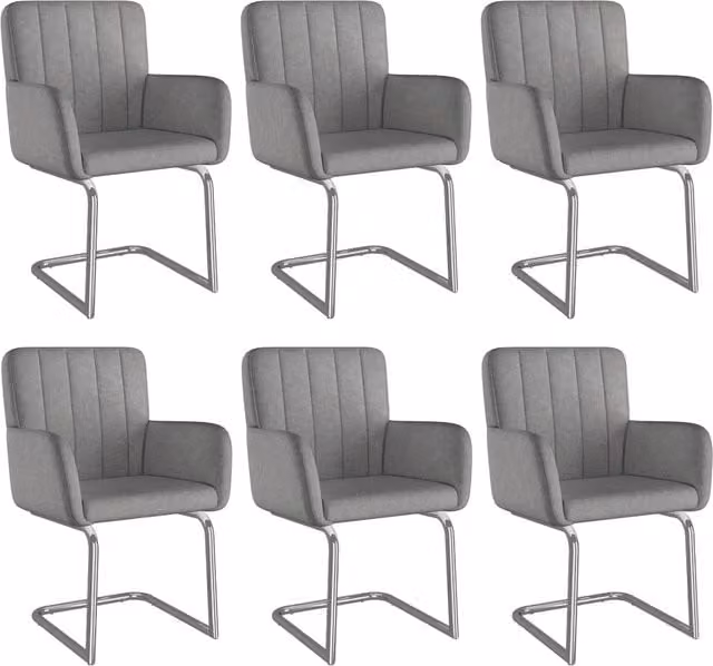 Set da 6 Sedie da Pranzo con Schienale a Strisce Verticali, Rivestimento in Pelle Sintetica Grigia, Gambe Metalliche a Zig-Zag