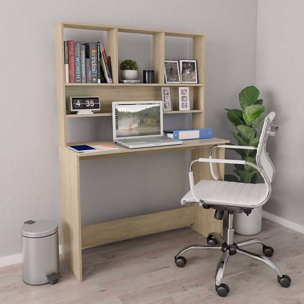 Scrivania con ripiani vidaXL in legno multistrato e MDF, colore rovere sonoma, L 110 cm x P 45 cm x H 157 cm