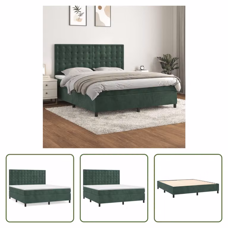 The Living Store Letto a molle con materasso verde scuro 160x200 cm in velluto