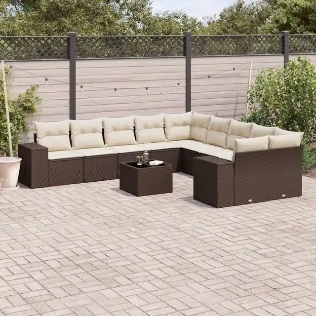 Set Divani da Giardino 11 pz con Cuscini Polyrattan Marrone 3255460