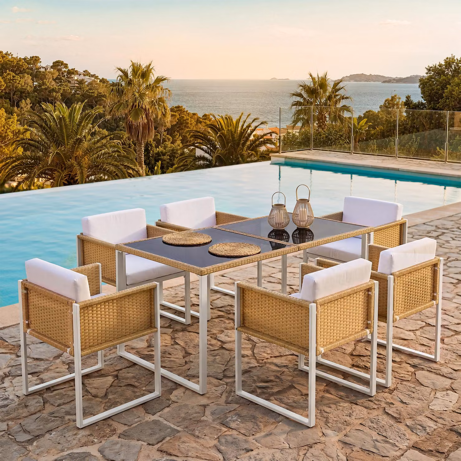 Set da giardino Flieks, set di mobili da giardino per 6 persone, mobili da terrazza e da balcone in rattan, 7 pezzi, tavolo da giardino con piano in vetro, set da giardino bianco