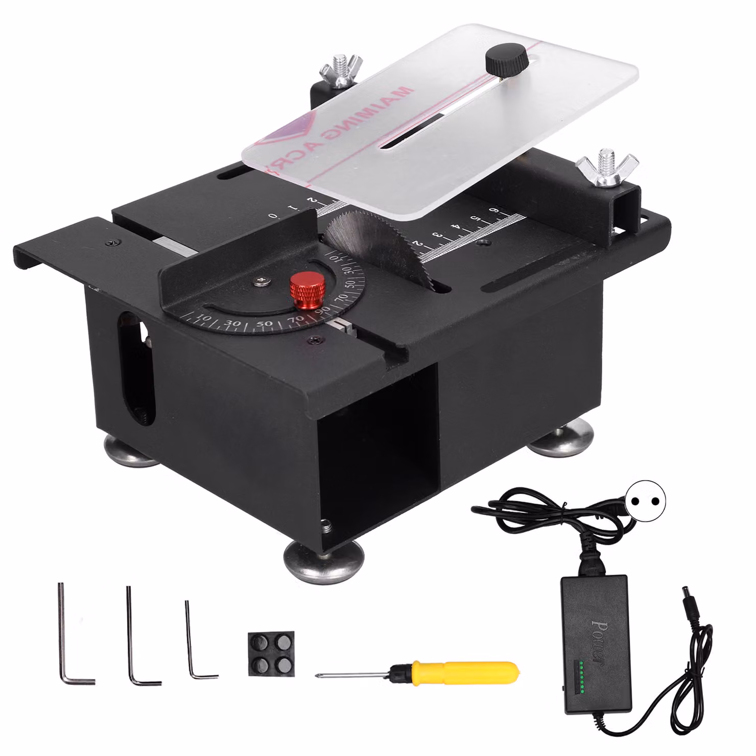 Mini sega circolare da tavolo 100 W, guida scorrevole, regolabile per lavori in legno