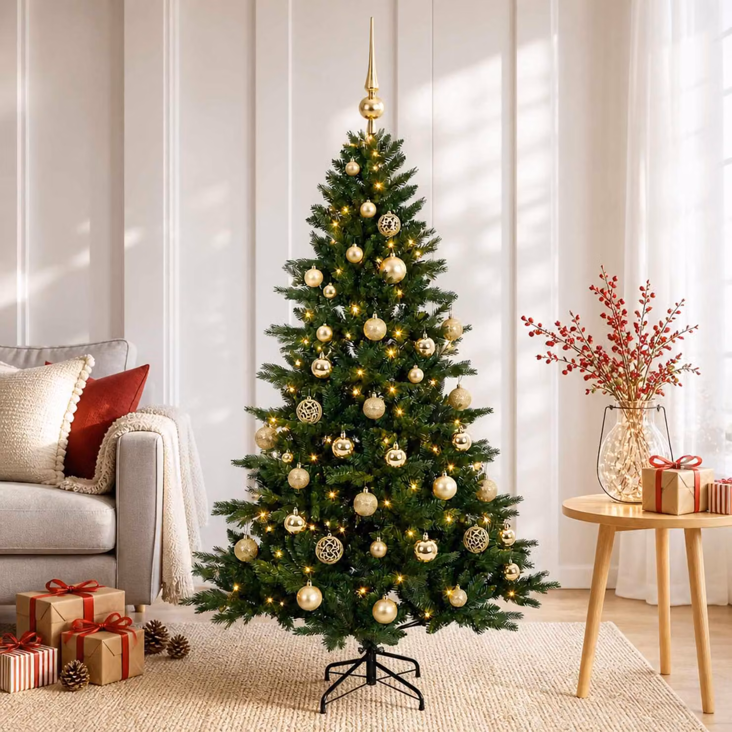 Albero di Natale artificiale con decorazioni natalizie, altezza 150 cm, 150 luci LED