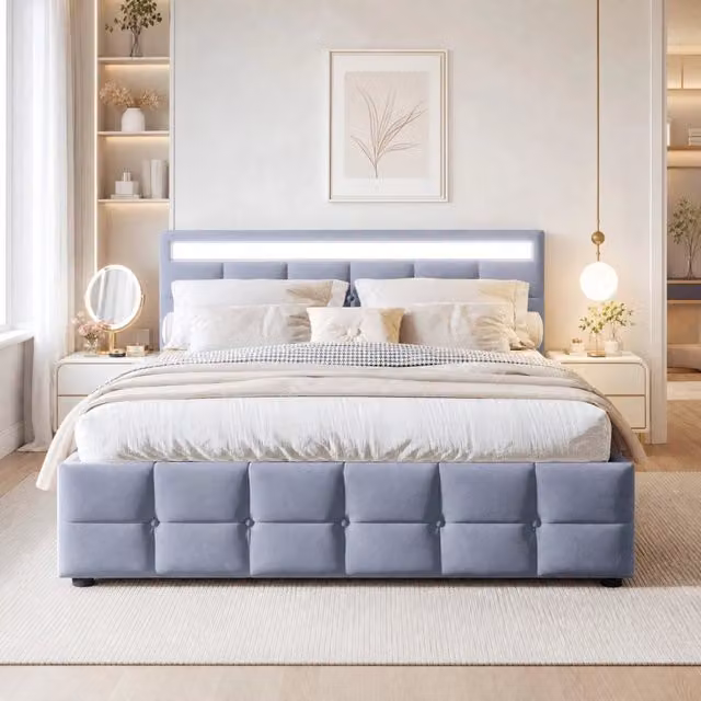 Letto imbottito ULEVR 180x200 cm con contenitore idraulico e luci LED, velluto grigio