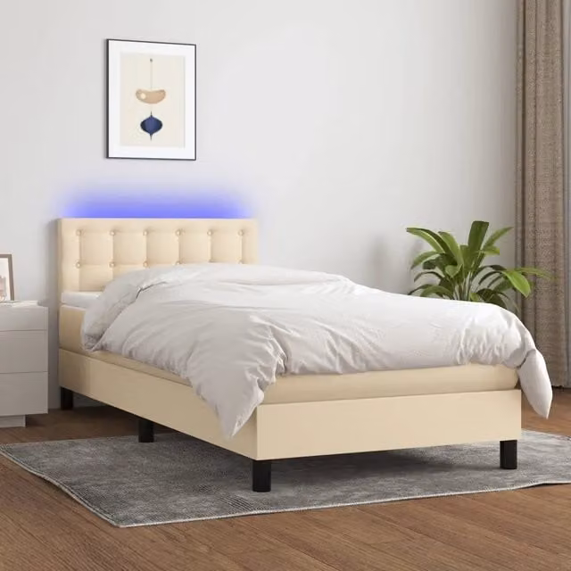 Letto a Molle con Materasso e LED-Struttura Letto con Materasso Crema 90x190 cm in Tessuto 396165