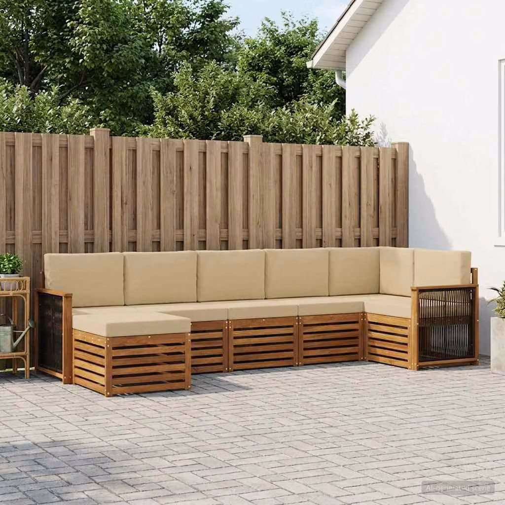 Set di divani da esterno vidaXL 6 pz in legno di acacia con cuscini beige e marrone, configurazione a L con pouf e sedute moderne per giardino e terrazza