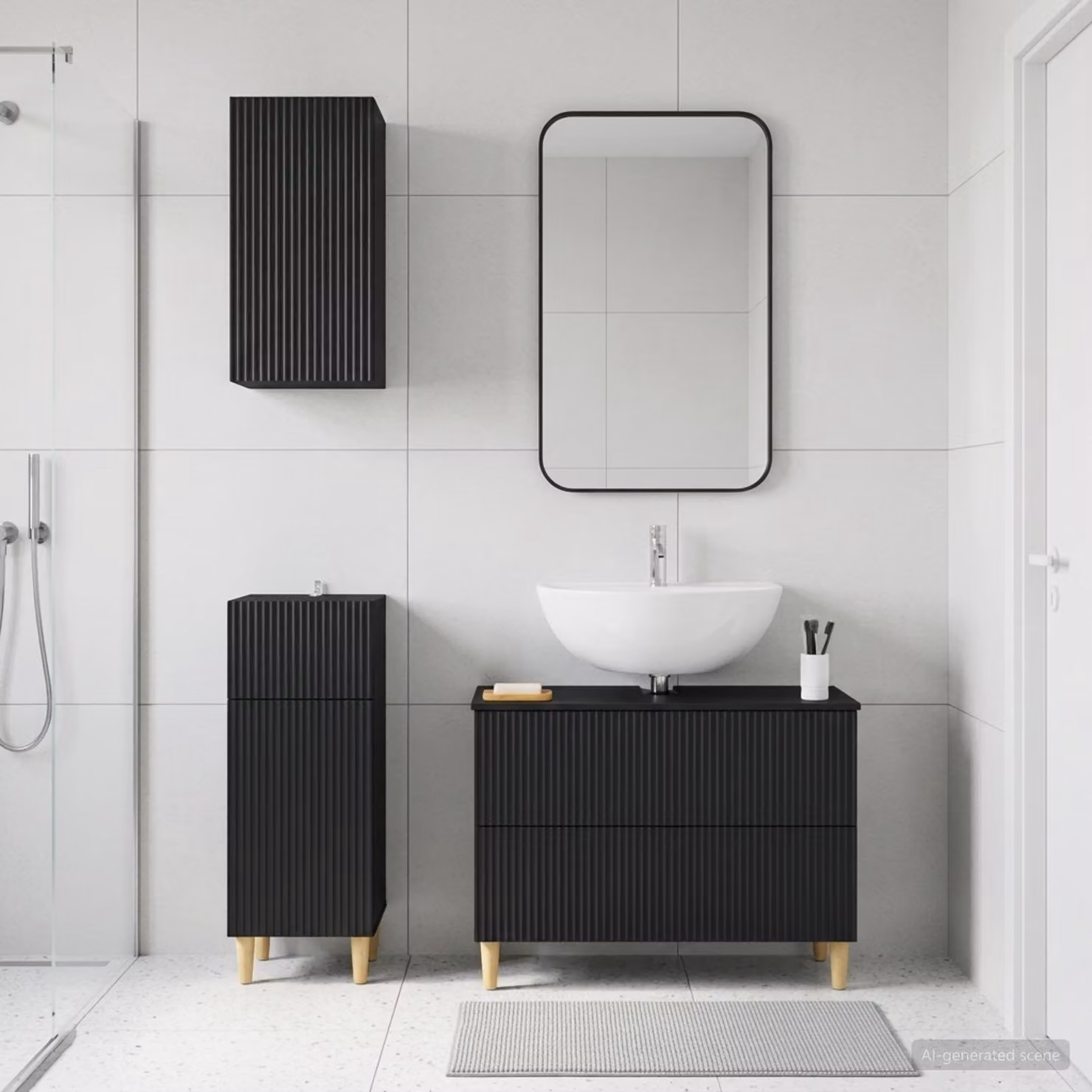 Set di armadietti da bagno ARNHEM vidaXL in 3 pezzi, nero opaco, con mobile lavabo, pensile e mobile laterale