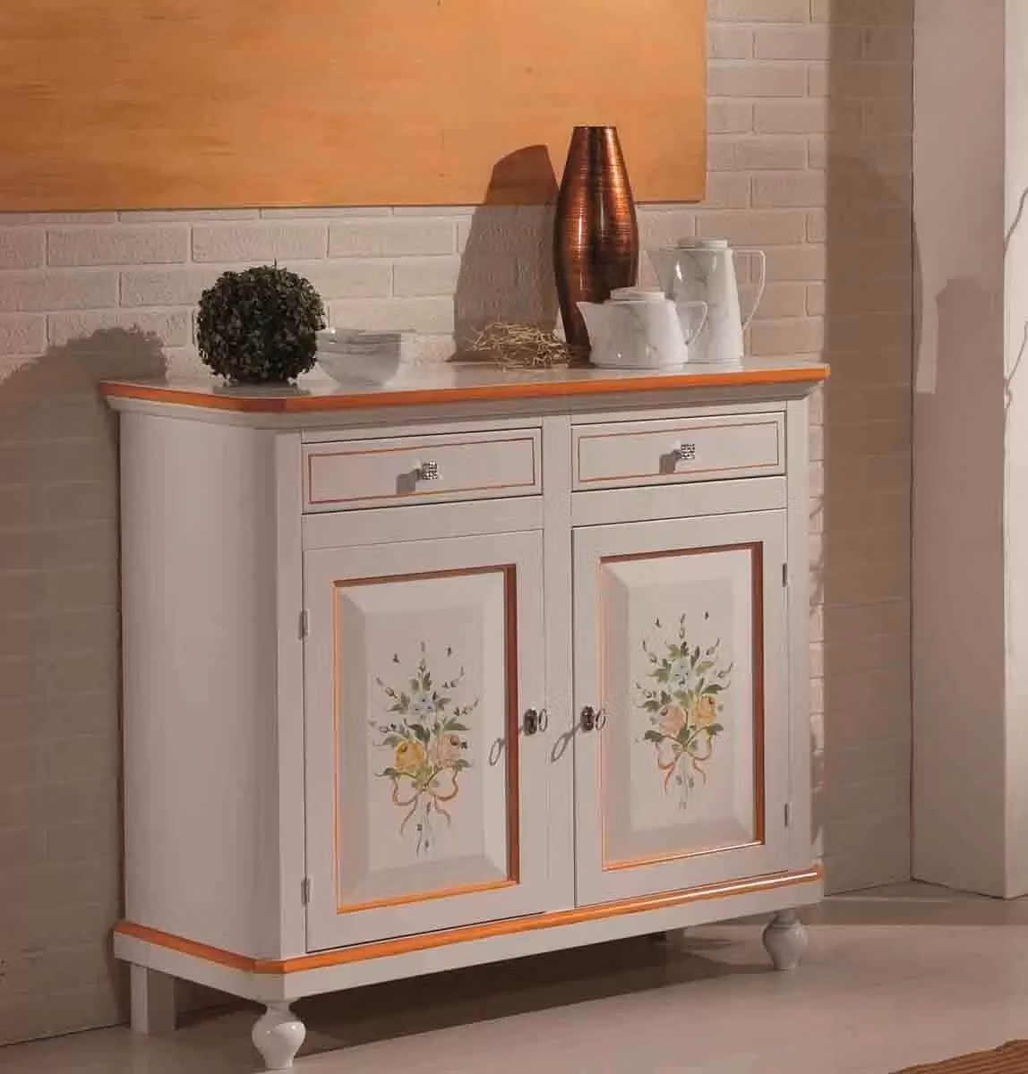 Madia credenza napoletana con 2 porte e decori floreali laccata bianco e arancione Mobili 2G L: 104 cm, P: 43 cm, H: 98 cm – 2