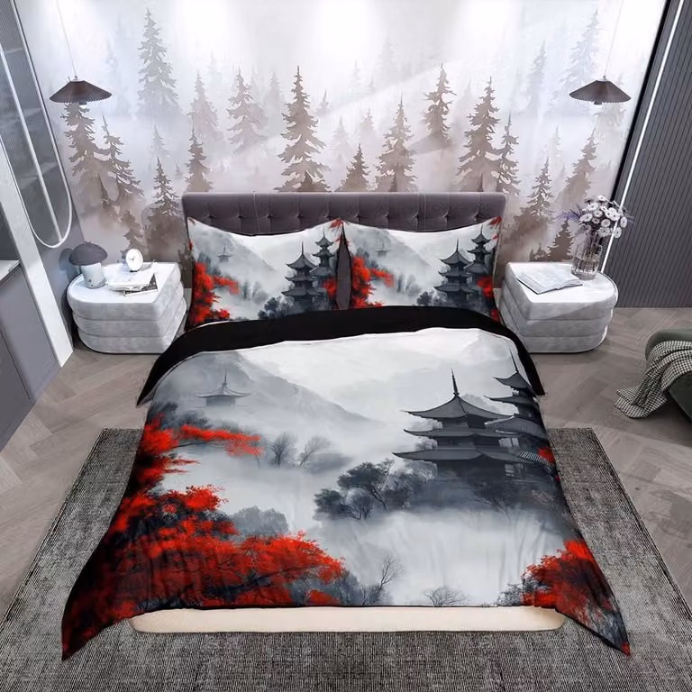 Set di lenzuola per piumino matrimoniale, motivo Hokusai, con 2 federe