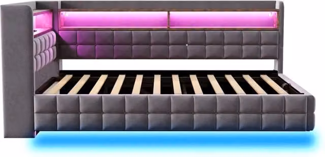 Letto contenitore singolo in velluto grigio con USB, Type-C, illuminazione LED e ripiani, L/P/H: 90 x 200 x 48 cm