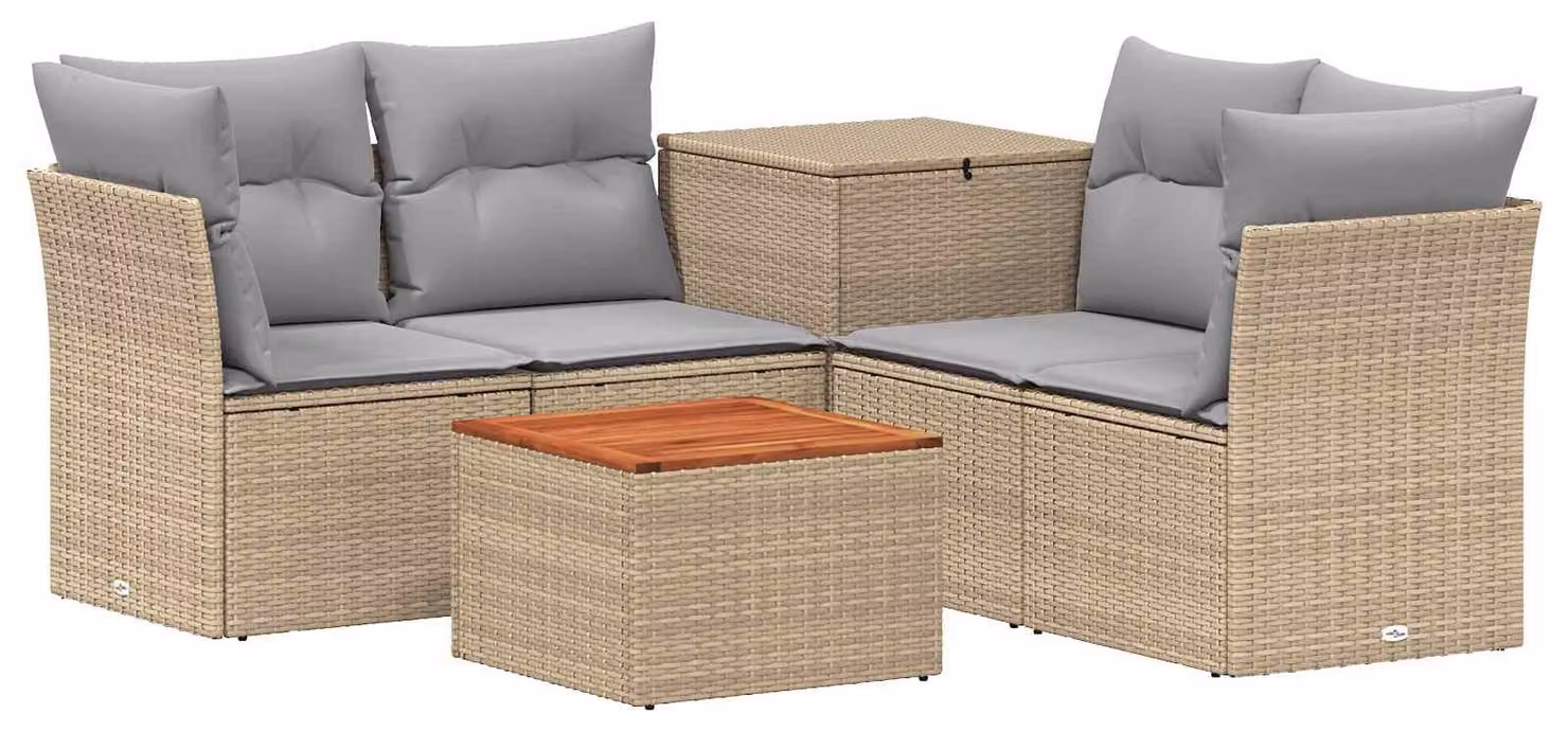 Set di divani da esterno, 6 pezzi. Colore: beige e grigio chiaro. Materiali: rattan sintetico e acciaio