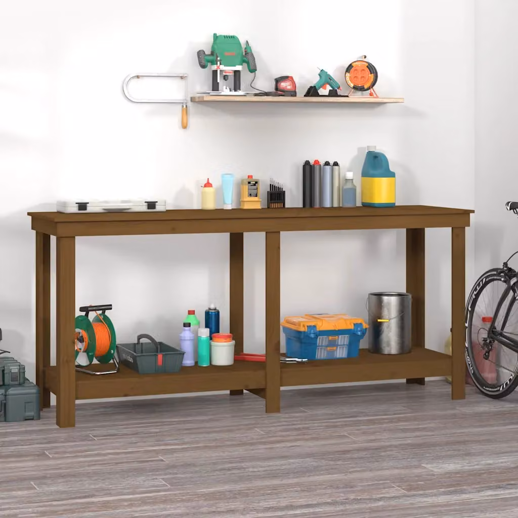 vidaXL Banco da Lavoro Ambra in Legno di Pino Marrone L: 180 cm, P: 50 cm, H: 80 cm – 1