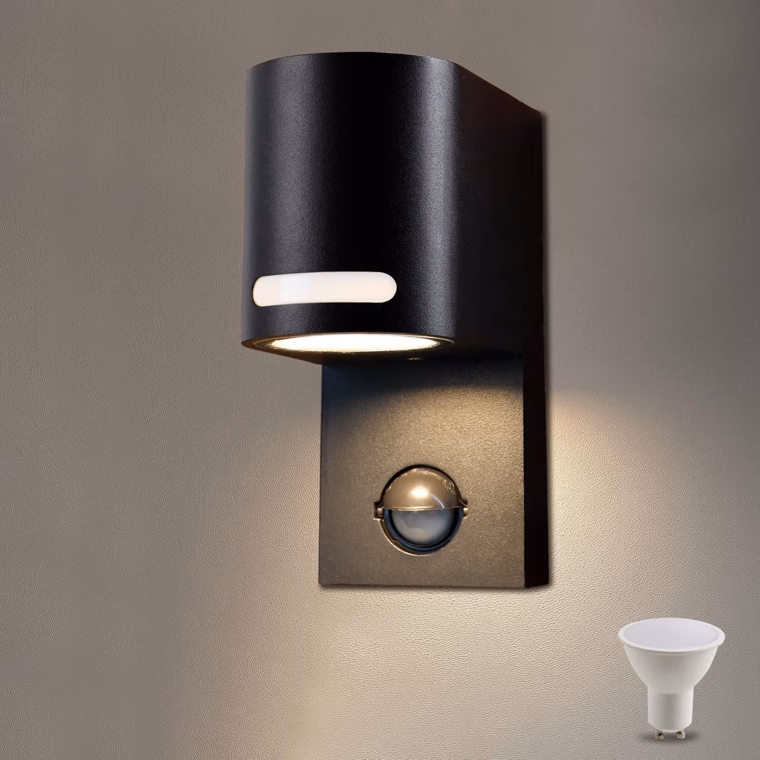 Lampada da parete con sensore di movimento, attacco GU10, 5W, 600 lumen, luce bianco caldo, grado di protezione IP44
