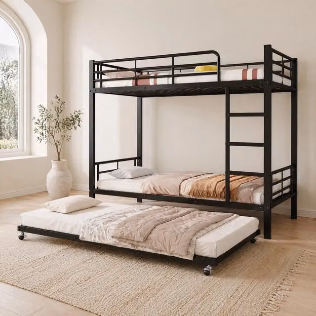 Letto a castello in metallo nero con letto estraibile; 90x200 cm e 90x190 cm