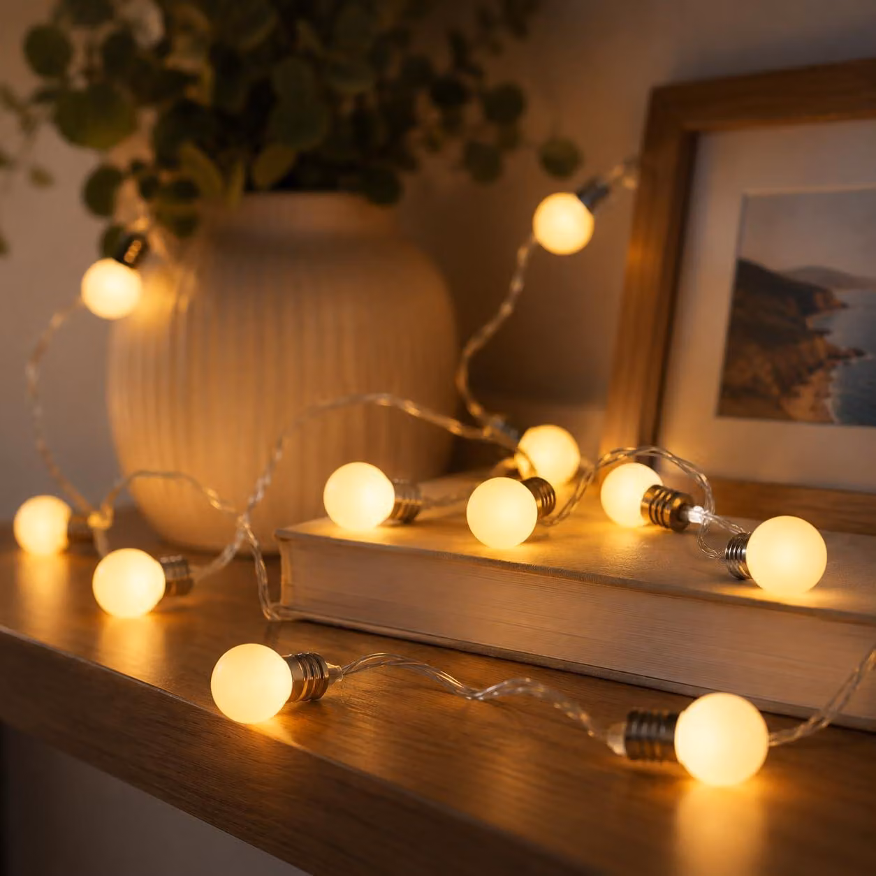 Catena luminosa a LED, con 10 mini luci a forma di sfera, colore bianco caldo, lunghezza 1,5 metri, alimentata a batteria