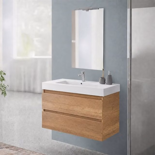 Mobile bagno sospeso 100 cm in rovere naturale con due cassetti e lavabo in resina Nadia