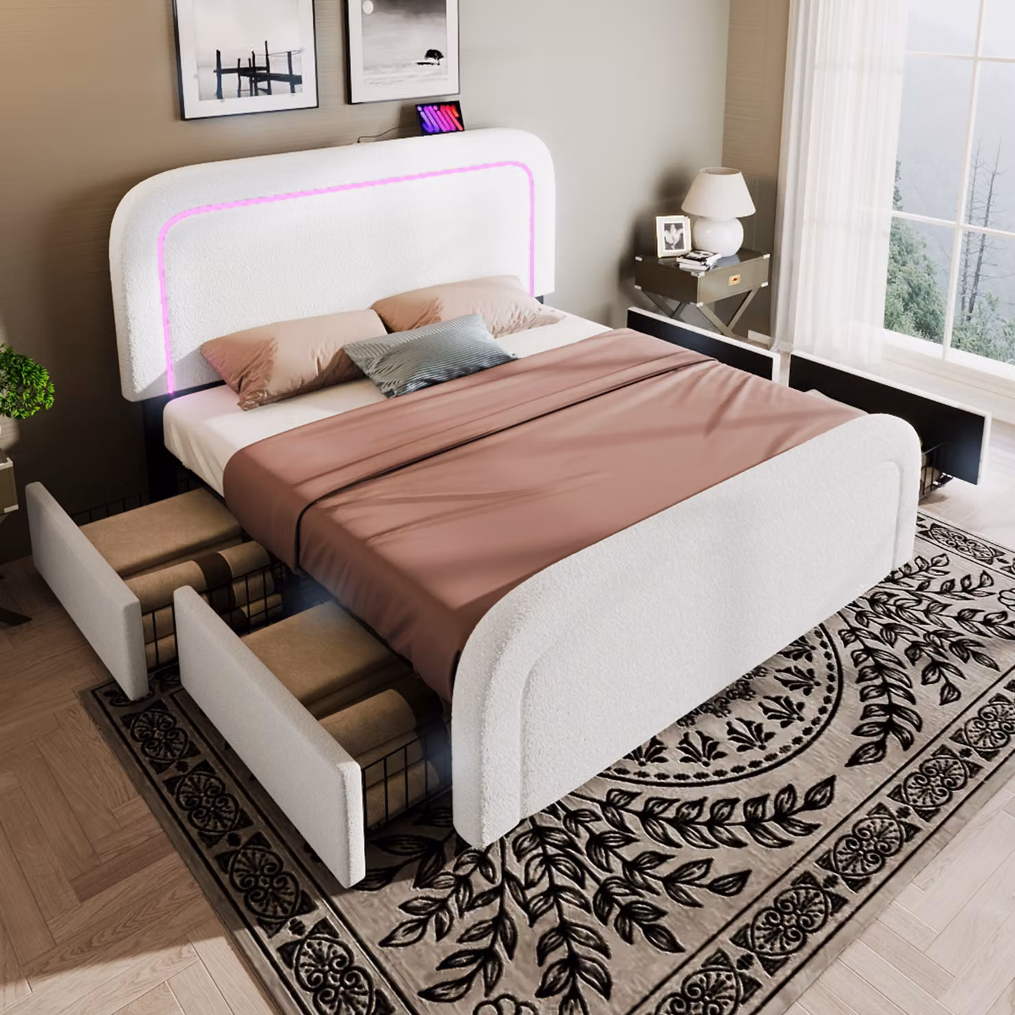 Letto imbottito Abrihome in tessuto sherpa con LED e funzione di ricarica USB tipo C, 4 cassetti, testiera regolabile in altezza, 140x200 cm, bianco
