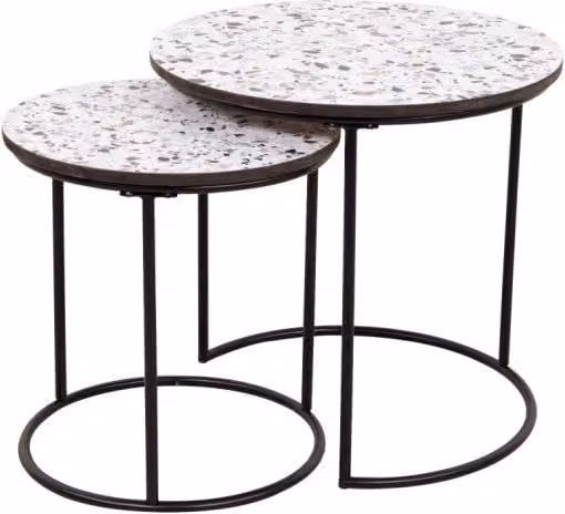 Set di 2 Tavolini Tondi Venice Casa Collection con Effetto Graniglia Bianco Grigio e Nero