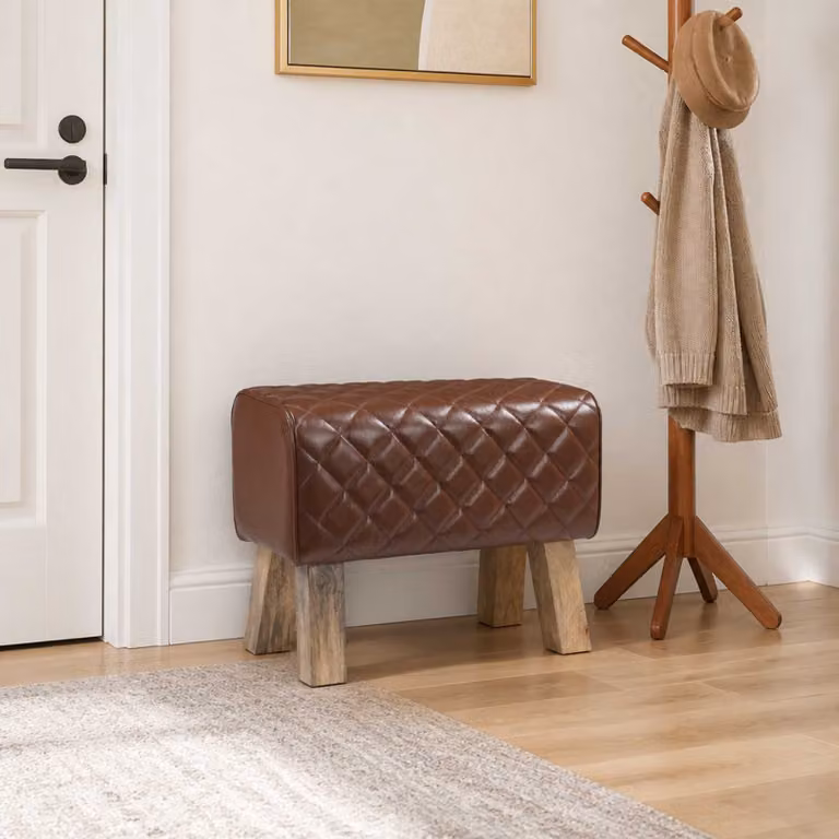 Panca vidaXL in vera pelle marrone e legno di mango, L 60 x P 30 x H 45 cm