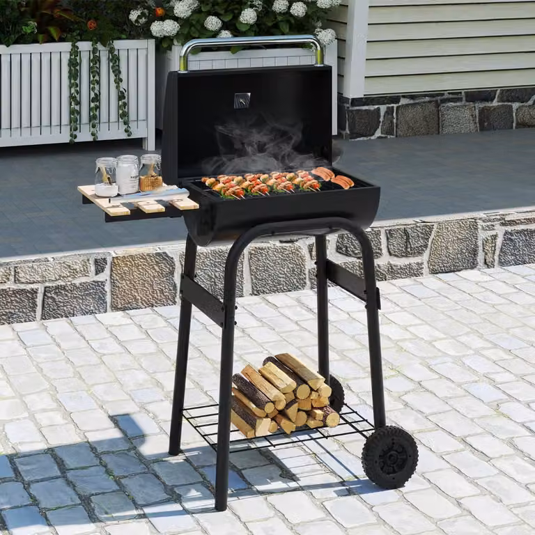 Barbecue a carbone a botte portatile da esterno Costway con tavolo pieghevole laterale e ruote, Nero