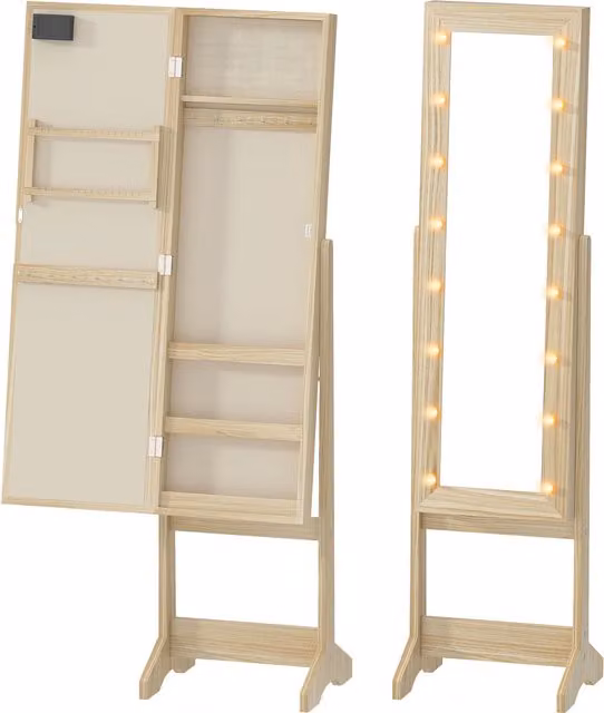 Armadietto Portagioie HOMCOM con Specchio Regolabile e Luci LED, Colore Legno Marrone, L/P/H: 30 x 36 x 136 cm