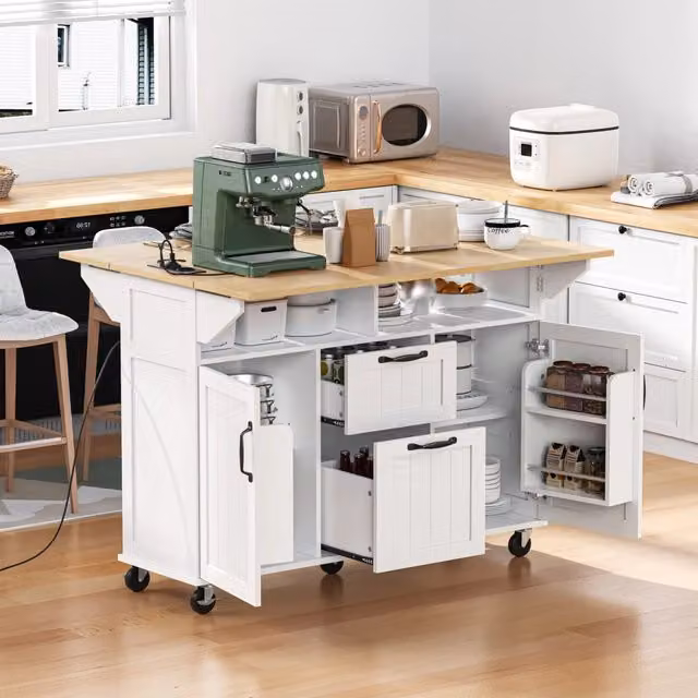 Isola da cucina con piano ribaltabile bilaterale; prese elettriche; cassetti e vani; bianco; 120x40-80 cm