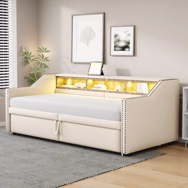Letto imbottito divano letto estraibile 90/180 x 200 cm con scomparto multifunzionale, luce LED e presa USB, rete a doghe - Beige