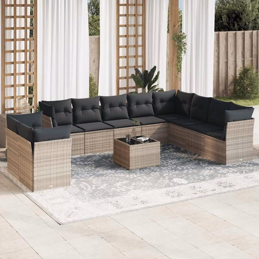 Set di divani da giardino vidaXL a forma di U composto da 11 pezzi con cuscini grigi e tavolino da esterno in vetro e metallo – 1