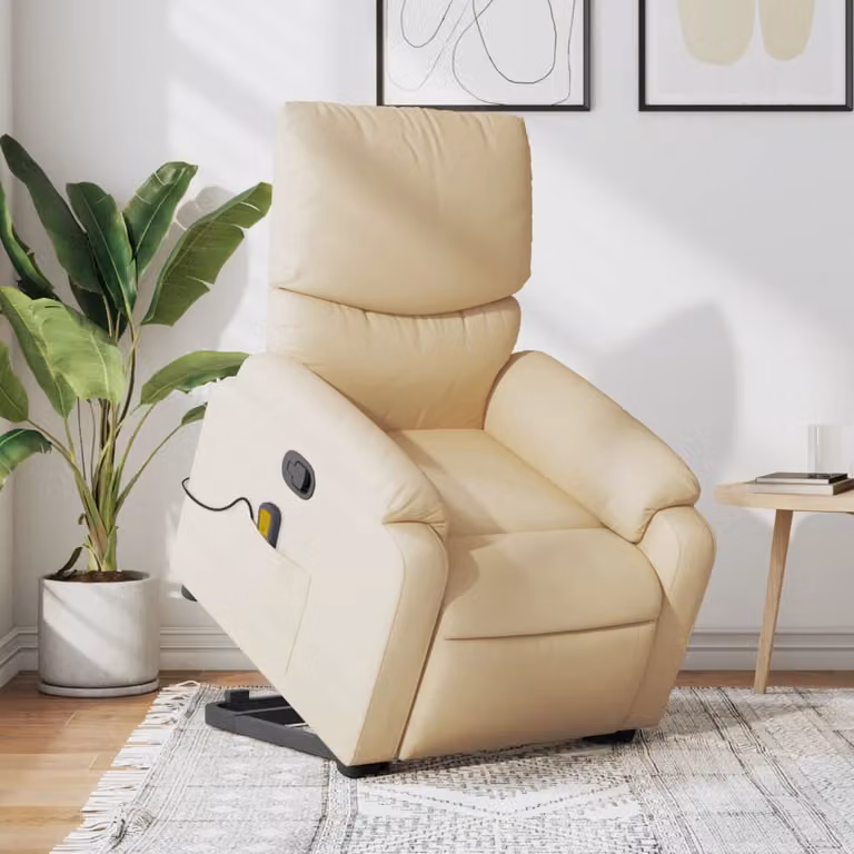 vidaXL Poltrona Alzapersona Massaggiante Reclinabile Beige in Tessuto e Finta Pelle