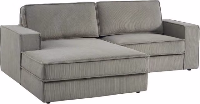 Divano angolare sinistro SWEEEK in velluto a coste grigio, 3 posti con struttura in legno massiccio e cuscini inclusi, L/P/H: 231 x 156 x 83 cm