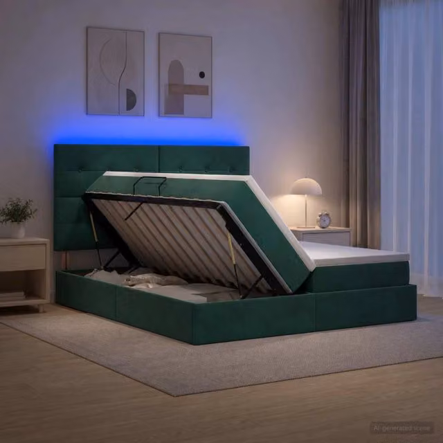 Letto con contenitore e materasso ibrido vidaXL in velluto verde con illuminazione LED e porta USB L/P/H: 200 x 200 x 140 cm