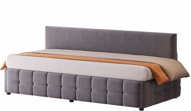Letto singolo imbottito 90x200 cm con contenitore idraulico e rete a doghe; grigio